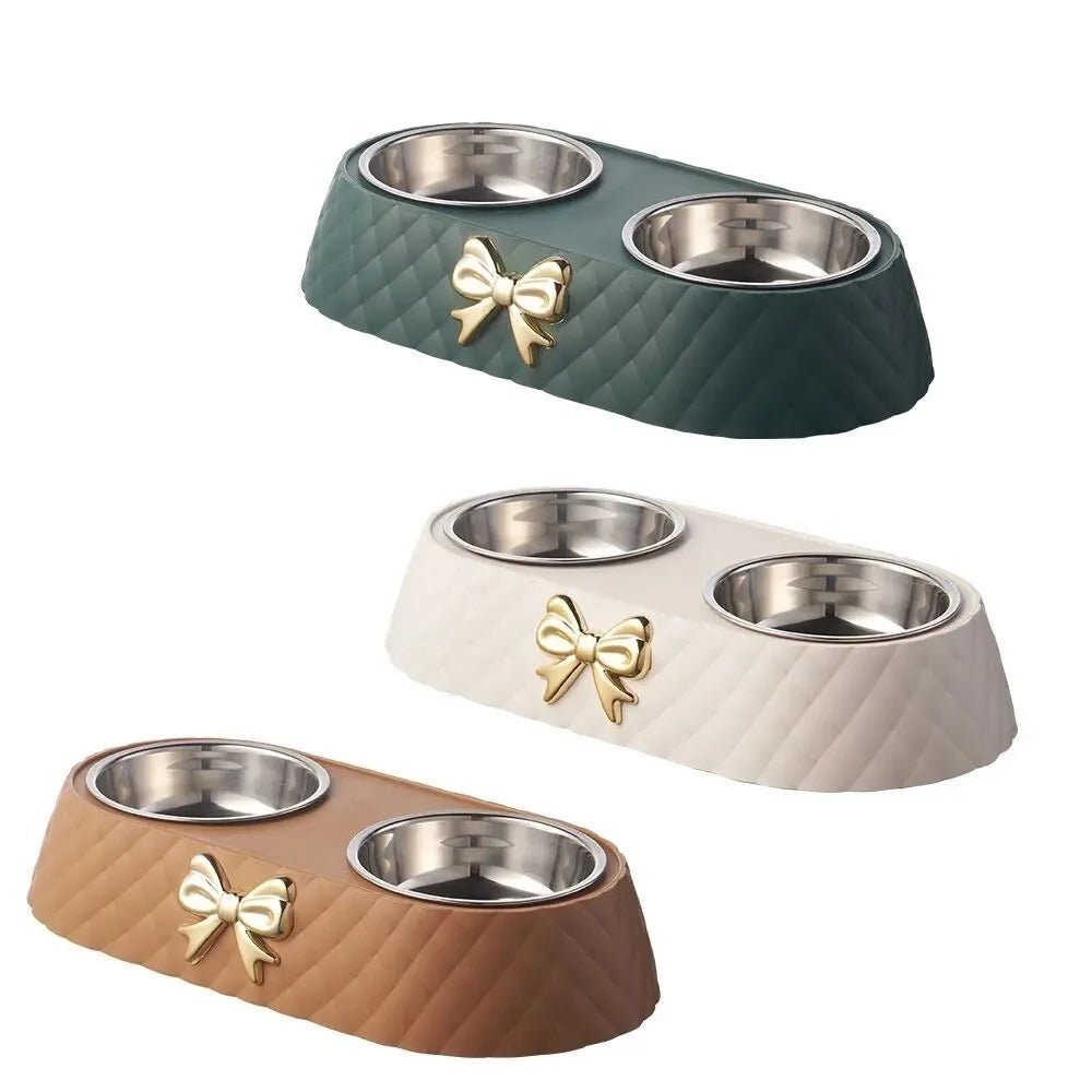 Pet Supplies Bow - tie Bowknot Cats Food Bowl PP Base Dog Bowl Stainless Steel Double Pet Accessories Feeding Drinking Double Bowl - Furbury