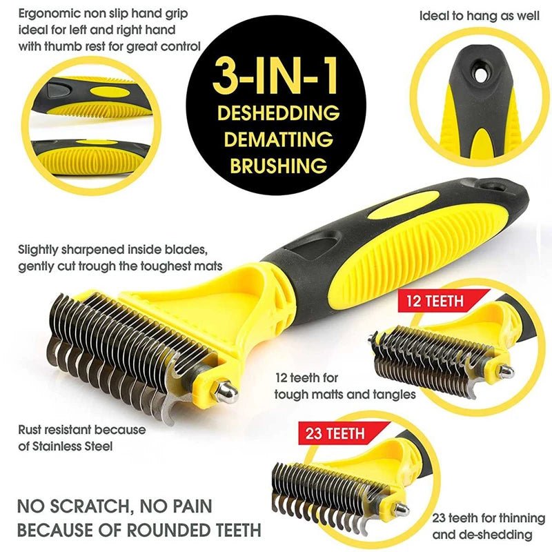 Pets Stainless Steel Grooming Brush Two - Sided Shedding and Dematting Undercoat Rake Comb for Dog Cat Remove Knots Tangles Easily - Furbury