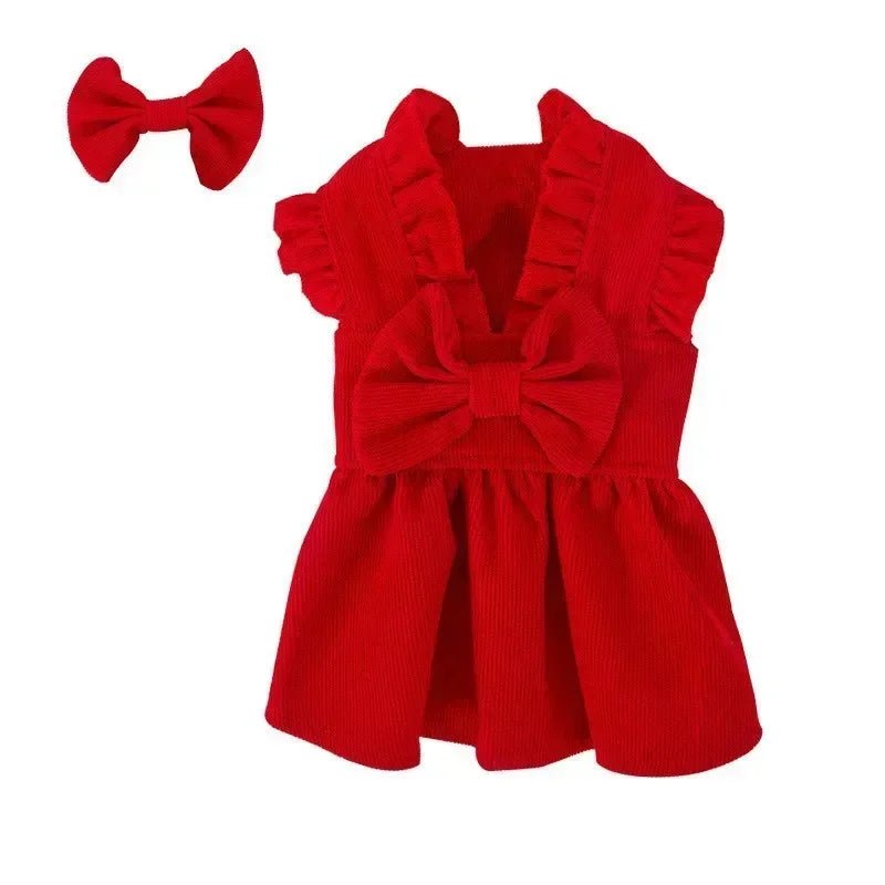 Puppy Bow Knot Dress Set Winter Warm Dog Clothes Pet Christmas Princess Dress Teddy Solid Color Skirt Send Clip - Furbury