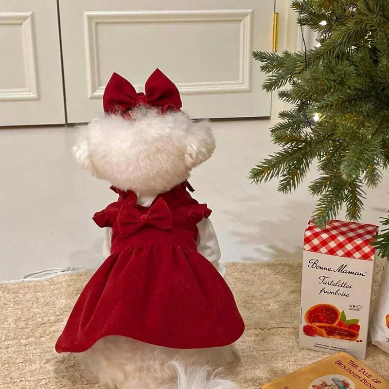 Puppy Bow Knot Dress Set Winter Warm Dog Clothes Pet Christmas Princess Dress Teddy Solid Color Skirt Send Clip - Furbury