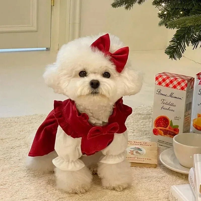 Puppy Bow Knot Dress Set Winter Warm Dog Clothes Pet Christmas Princess Dress Teddy Solid Color Skirt Send Clip - Furbury