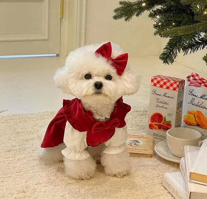 Puppy Bow Knot Dress Set Winter Warm Dog Clothes Pet Christmas Princess Dress Teddy Solid Color Skirt Send Clip - Furbury