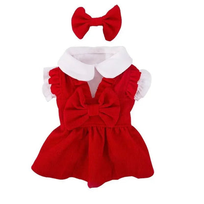 Puppy Bow Knot Dress Set Winter Warm Dog Clothes Pet Christmas Princess Dress Teddy Solid Color Skirt Send Clip - Furbury