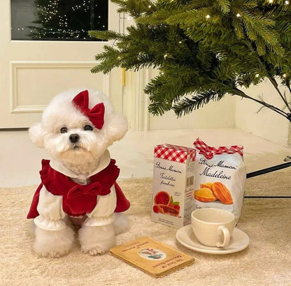 Puppy Bow Knot Dress Set Winter Warm Dog Clothes Pet Christmas Princess Dress Teddy Solid Color Skirt Send Clip - Furbury