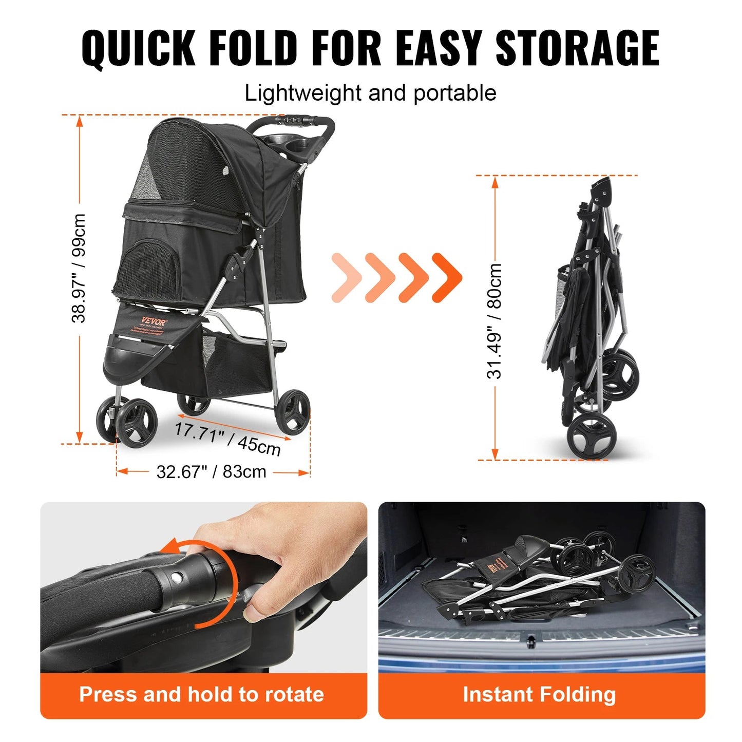 VEVOR 35lbs 3 Wheels Dog Stroller Rotate Black Pet Puppy Stroller with Front Pedal Storage Basket Cup Holder for Dogs Cat Travel - Furbury