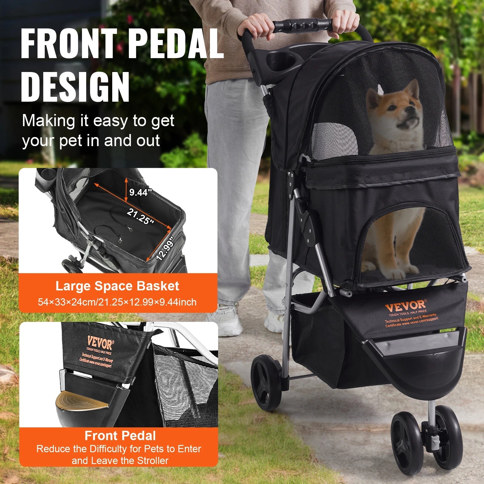 VEVOR 35lbs 3 Wheels Dog Stroller Rotate Black Pet Puppy Stroller with Front Pedal Storage Basket Cup Holder for Dogs Cat Travel - Furbury