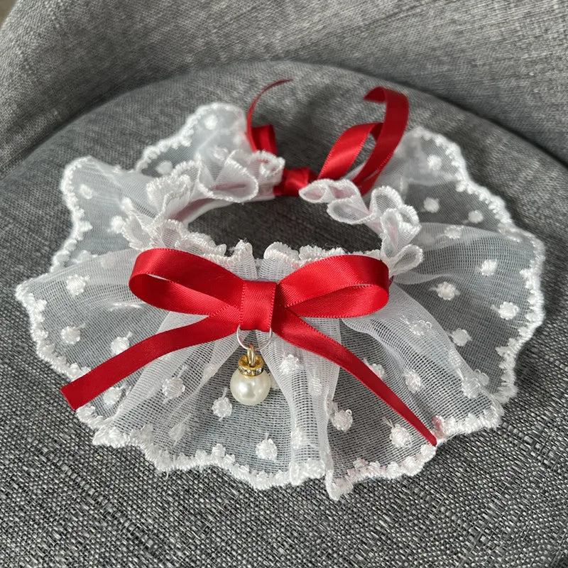 White Lace Bowknot Collar, Bowtie Bibs, Mesh Embroidery, Dog Cat Necklace, Neck Strap for Small and Medium Dogs, Bandanas, XL - Furbury